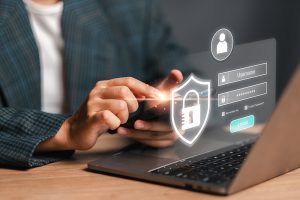 Conceptual illustration of cybersecurity safeguards, featuring locked digital networks and shielded financial data, representing secure online banking protection for Peake Federal Credit Union members.